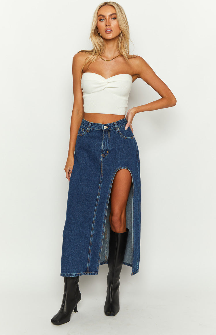 Cutefirst Dark Wash Denim Midi Skirt