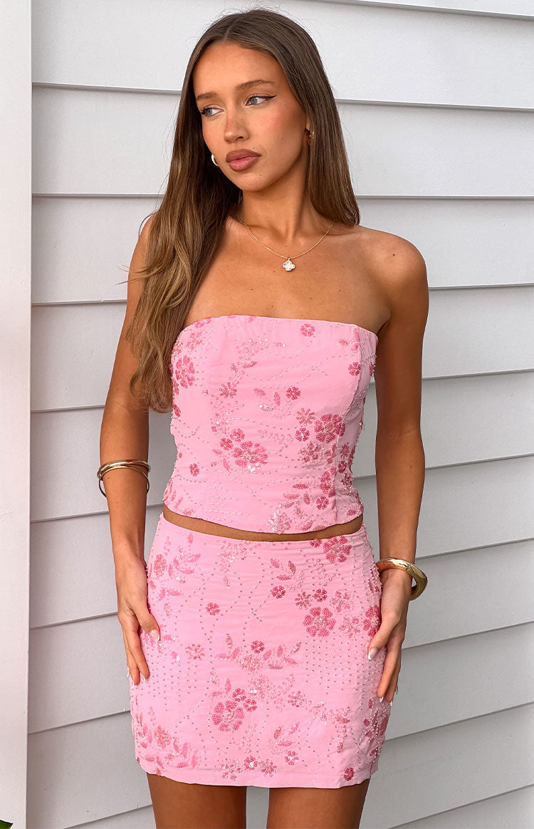 Cutefirst Light Pink Beaded Mini Skirt