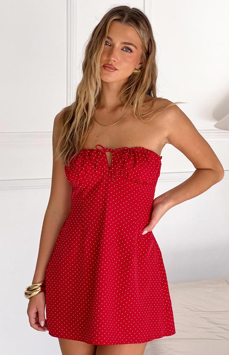 Cutefirst Red Polka Dot Strapless Mini Dress