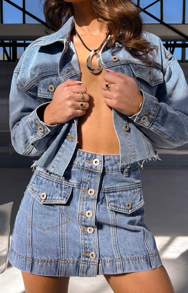 Cutefirst Mid Wash Denim Cargo Mini Skirt