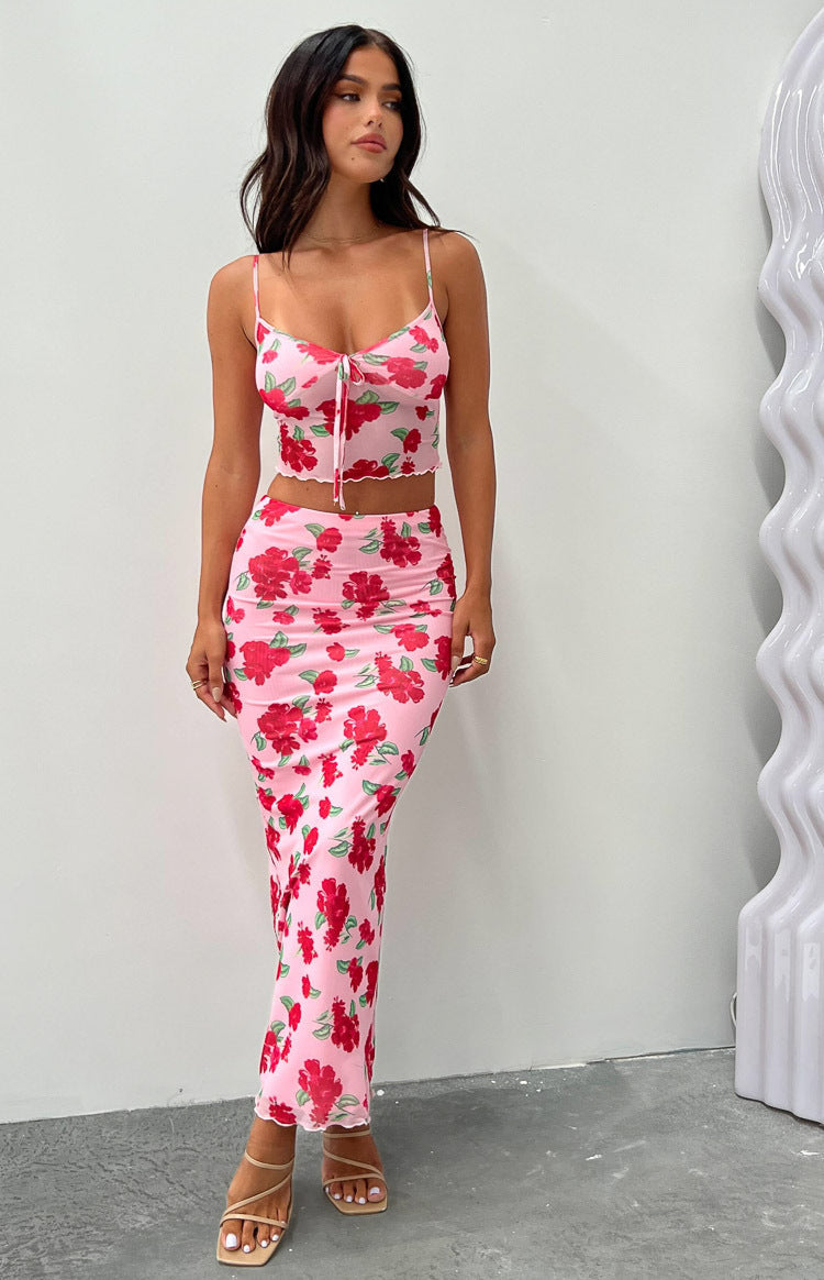 Cutefirst Pink Floral Mesh Midi Skirt