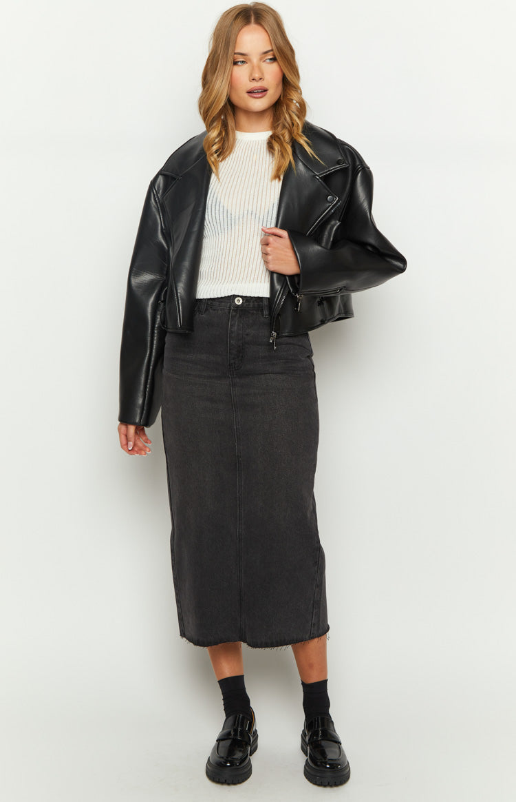 Cutefirst Washed Black Denim Midi Skirt