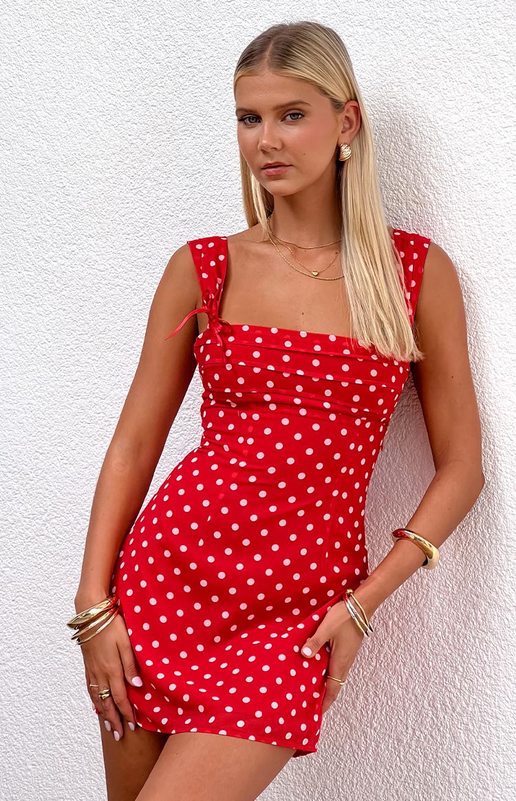 Cutefirst Red Polka Dot Tie Back Mini Dress