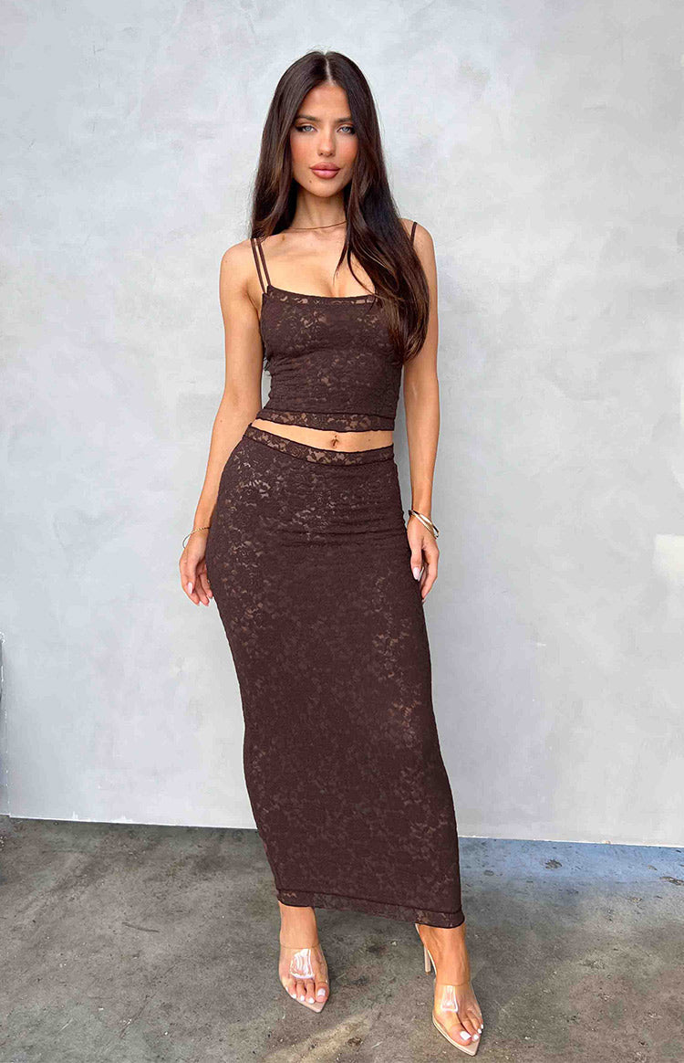 Cutefirst Brown Lace Midi Skirt