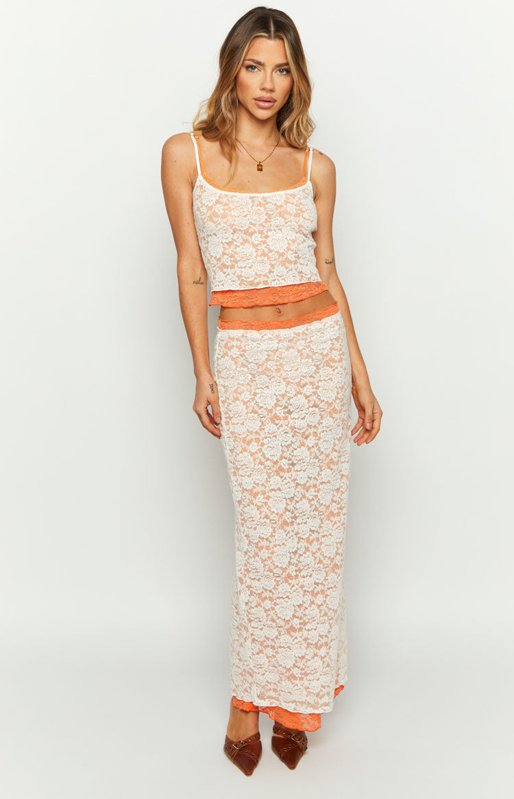 Cutefirst Orange Contrast Lace Midi Skirt